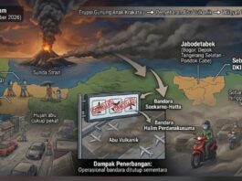 Abu vulkanik akibat erupsi Gunung Anak Krakatau yang terjadi sejak Jumat malam (4–5 September 2026) telah menyebar luas hingga wilayah Banten, Lampung, Jawa Barat, dan sebagian besar DKI Jakarta.